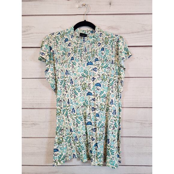 Torrid Blue Green Cotton Modal Jersey Smocked Mock Neck Floral Blouse Top 0X - Picture 1 of 6